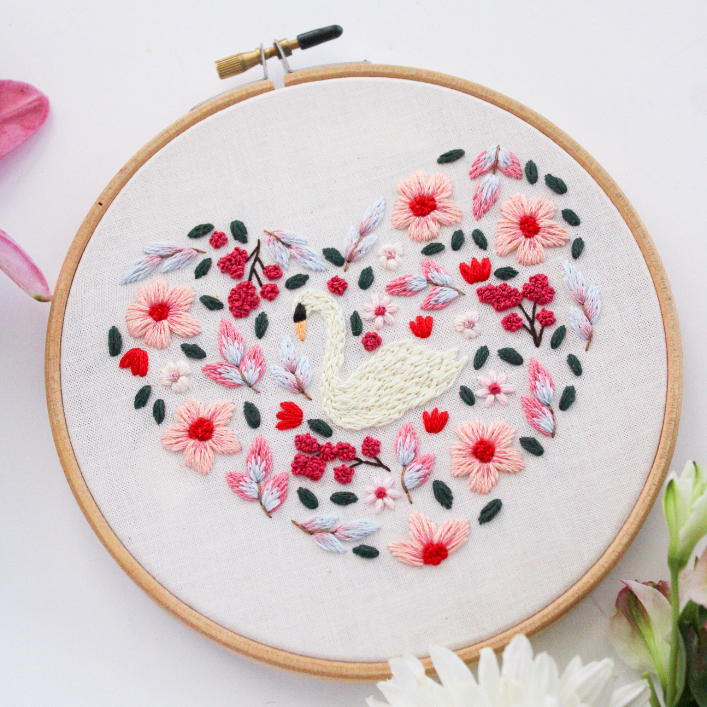 Swan Floral Heart PDF Embroidery Pattern