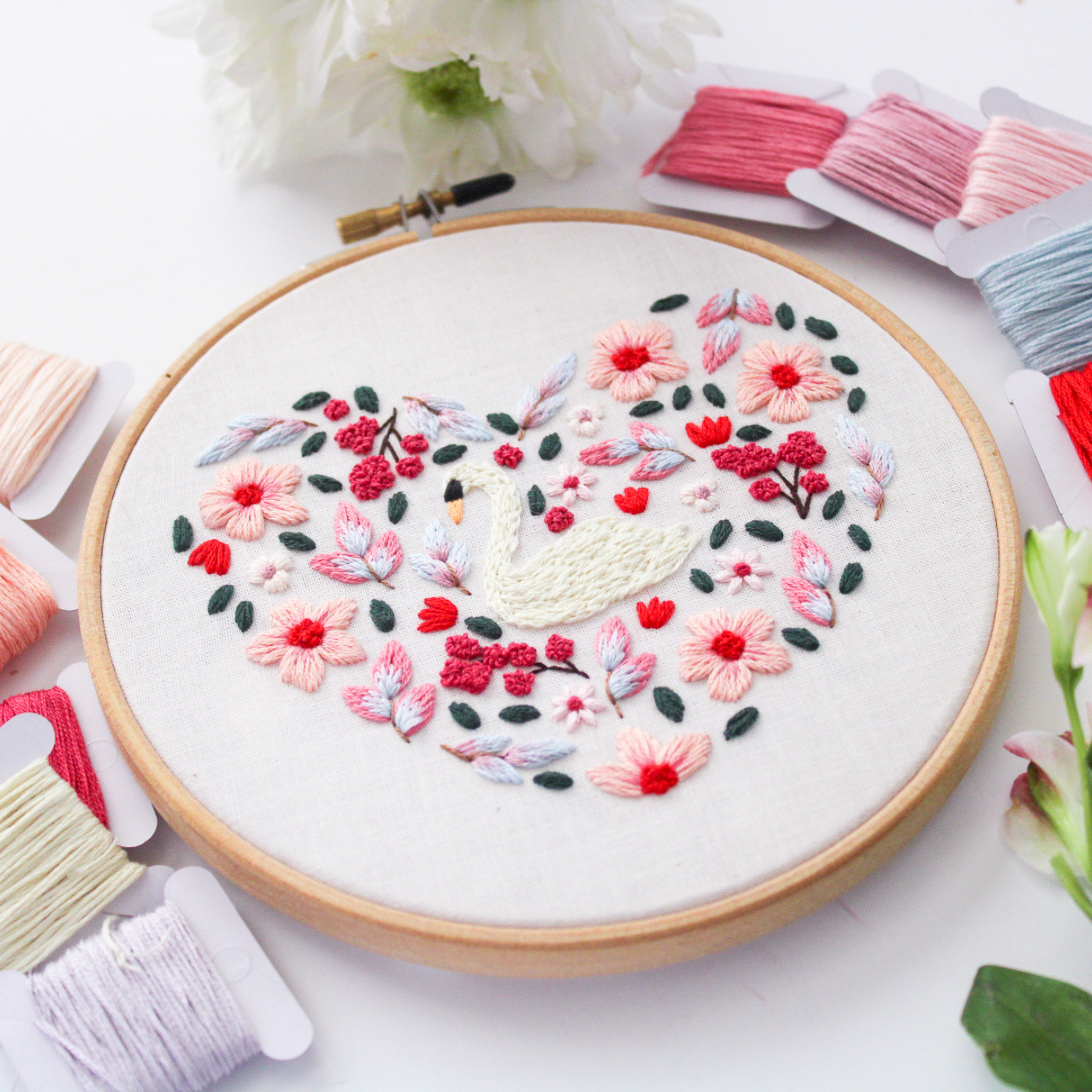 Swan Floral Heart PDF Embroidery Pattern