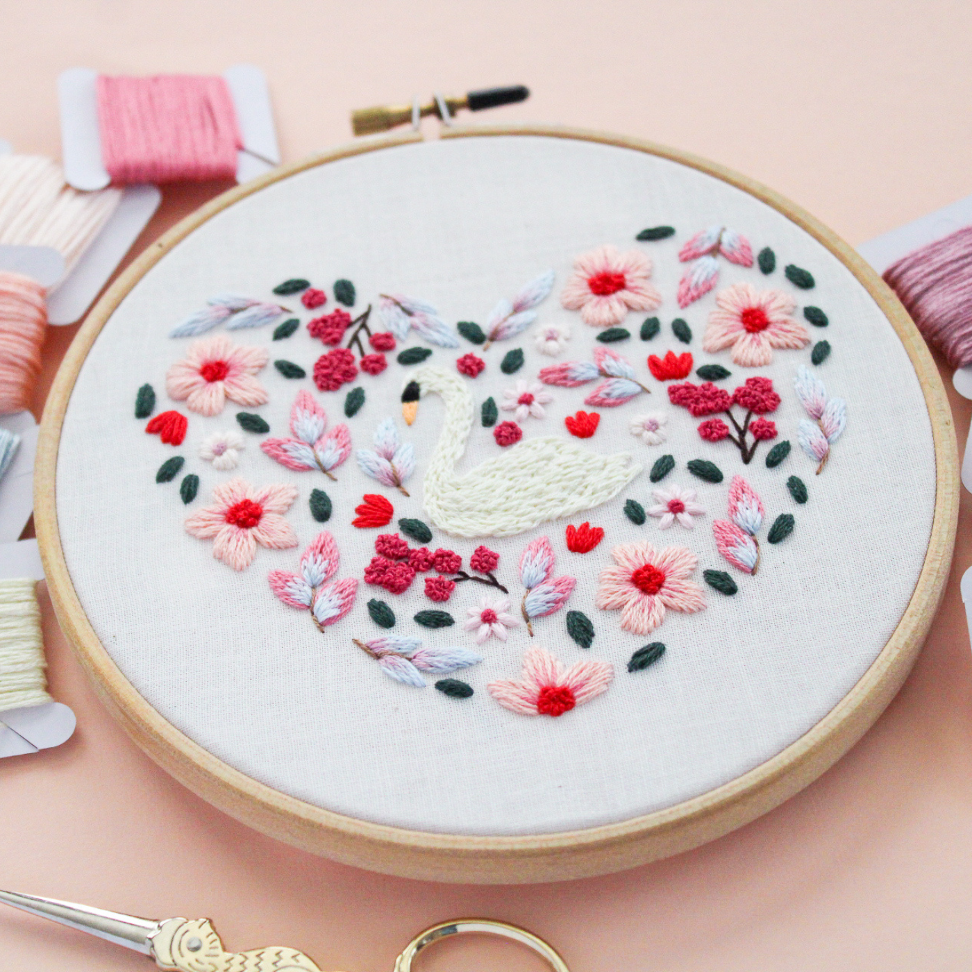 Swan Floral Heart PDF Embroidery Pattern