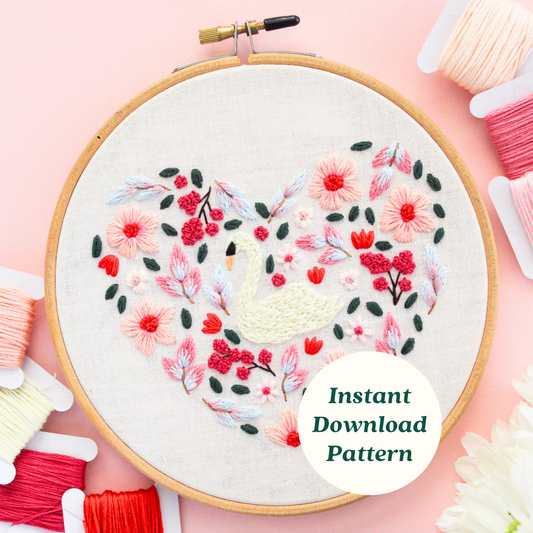 Swan Floral Heart PDF Embroidery Pattern