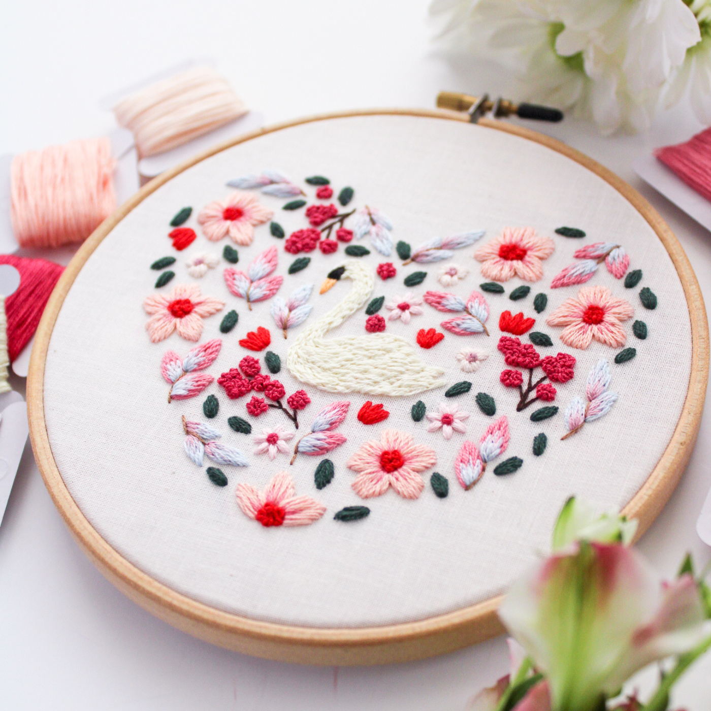 Swan Floral Heart PDF Embroidery Pattern