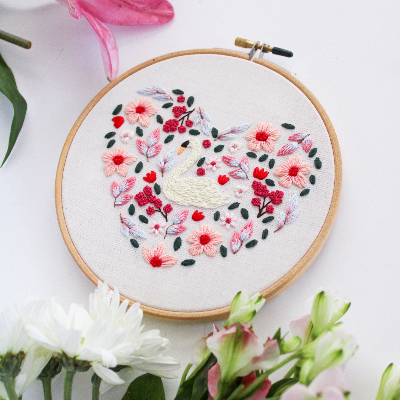 Swan Floral Heart PDF Embroidery Pattern